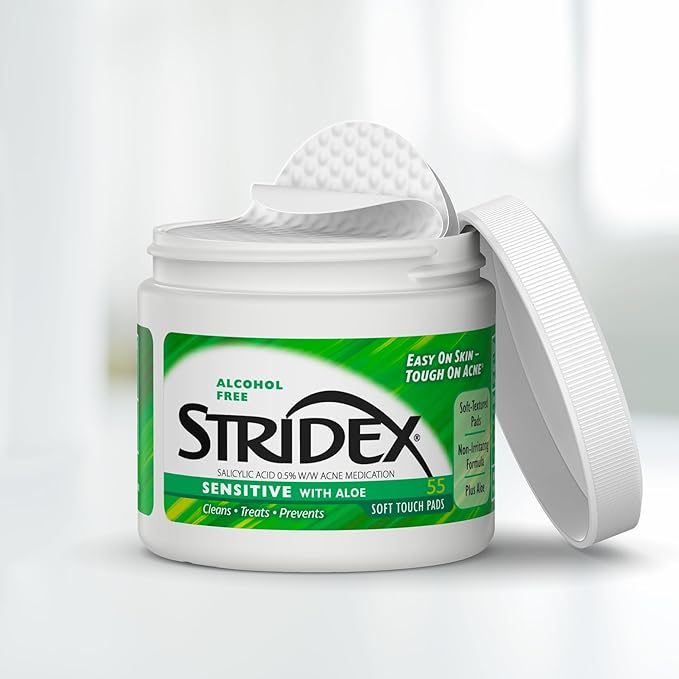 Stridex Medicated Acne Pads, Sensitive, 55 Count – Facial Cleansing Wipes, Alcohol Free Face Treatment, For Mild to Moderate, Smooth Application