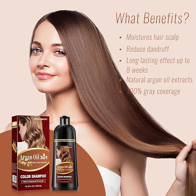 Chestnut Brown Hair Dye Shampoo with Argan Oil for Men & Women, 3 in 1 Semi-Permanent Formula, 16.9 Fl oz - Easy to Use, Covers Gray Hair-VivaGrace Women