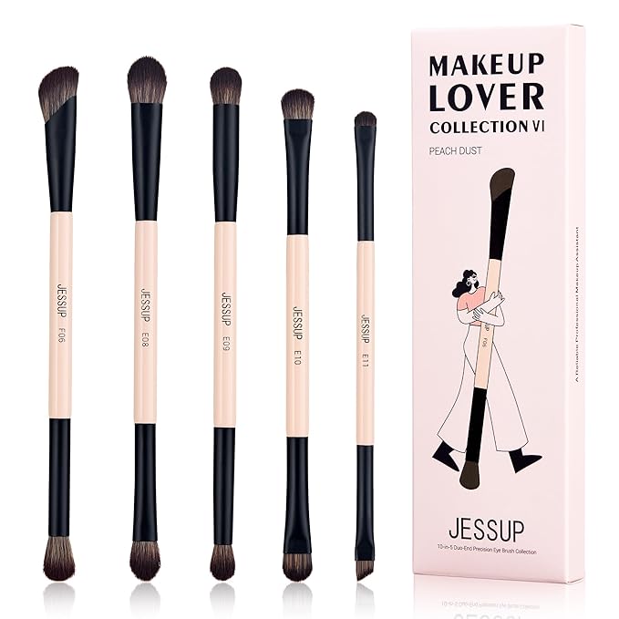 Jessup Makeup Brushes 5pcs Double Ended Eyeshadow Brush Contour Blending Eyeliner Eye Shader Brush, Vegan Fiber Precision Eye Brush Set Peach Dust T509-VivaGrace Women