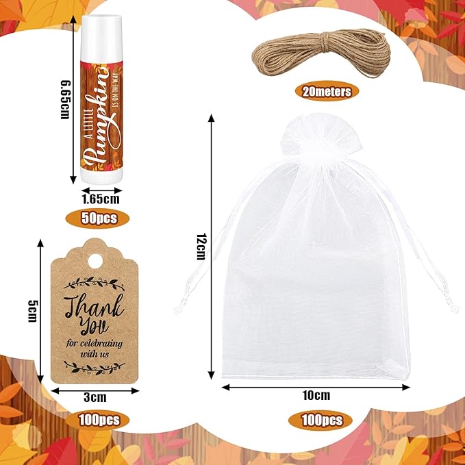 Demissle 50 Pcs Baby Shower Lip Balm Gift Set with 100 Pcs Organza Bags Baby Shower Party Favor for Guest Thank You Tag Rope Baby Shower Party Decoration Gender Reveal Souvenirs(Pumpkin)-VivaGrace Women