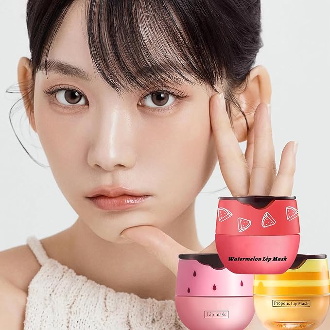 3 PCS Bee Lip Balm Lip Mask Honey Pot, Honey & Strawberry & Watermelon Lip Mask Propolis Moisturizing Lip Balm with Stick, Sleeping Lip Mask Hydrating Prevention Dry & Cracked Lip Scrubs (SET A)-VivaGrace Women