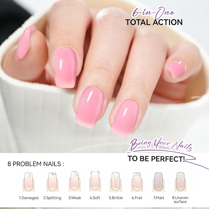 gelike ec Nail Ridge Filler and Strengthener Polish: Pink 6 in 1 Natural Nail Hardener Extra Strong and Growth - Long Lasting Nail Repair for Damaged Nails - For Daily Work Home Salon