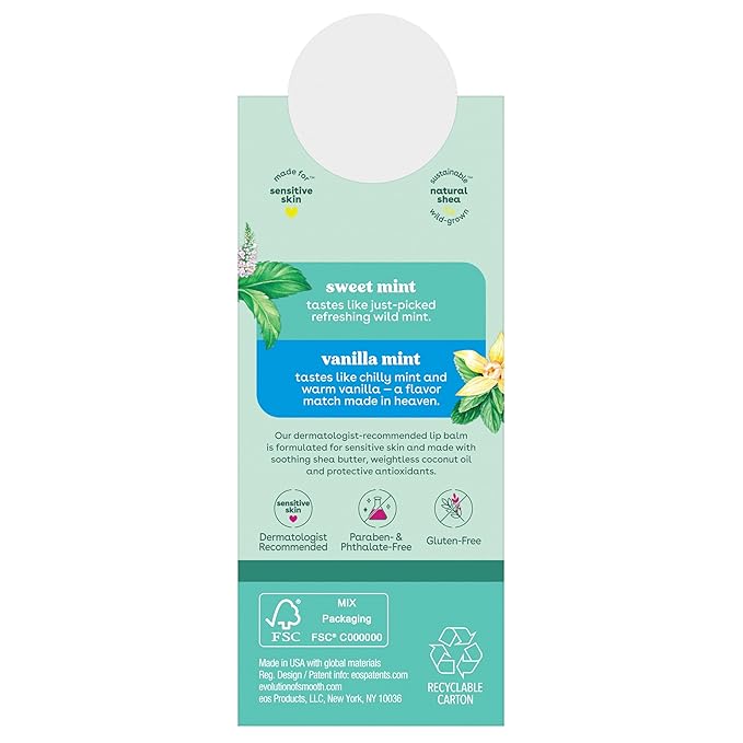 eos 100% Natural Lip Balm- Vanilla Mint & Sweet Mint, All-Day Moisture, Recyclable Carton, 0.14 oz, 2-Pack-VivaGrace Women