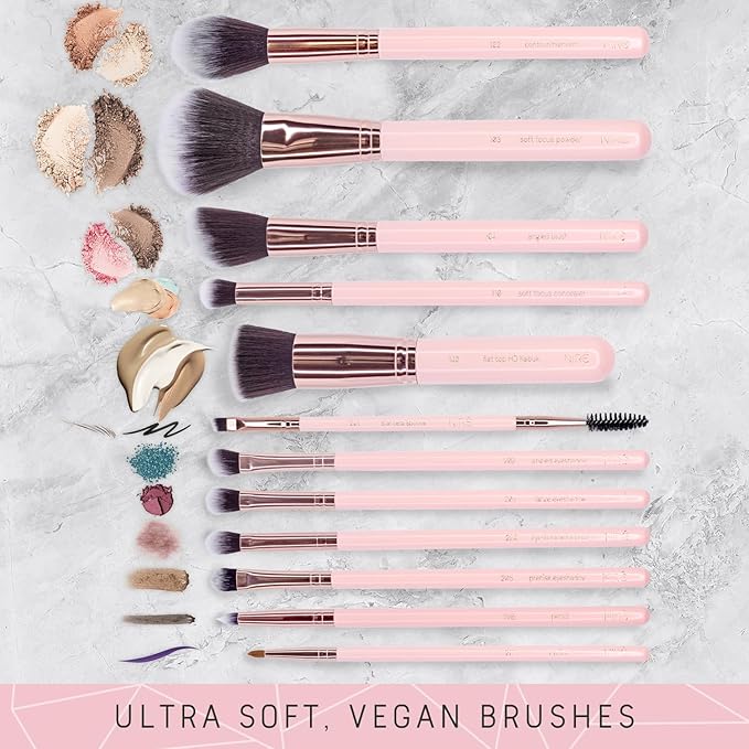 Niré Beauty 15piece Award Winning Pink Makeup Brushes: Pink Makeup Brush Set with Case, Makeup Sponge, Brush Cleaner, Guide, Gift Box-VivaGrace Women