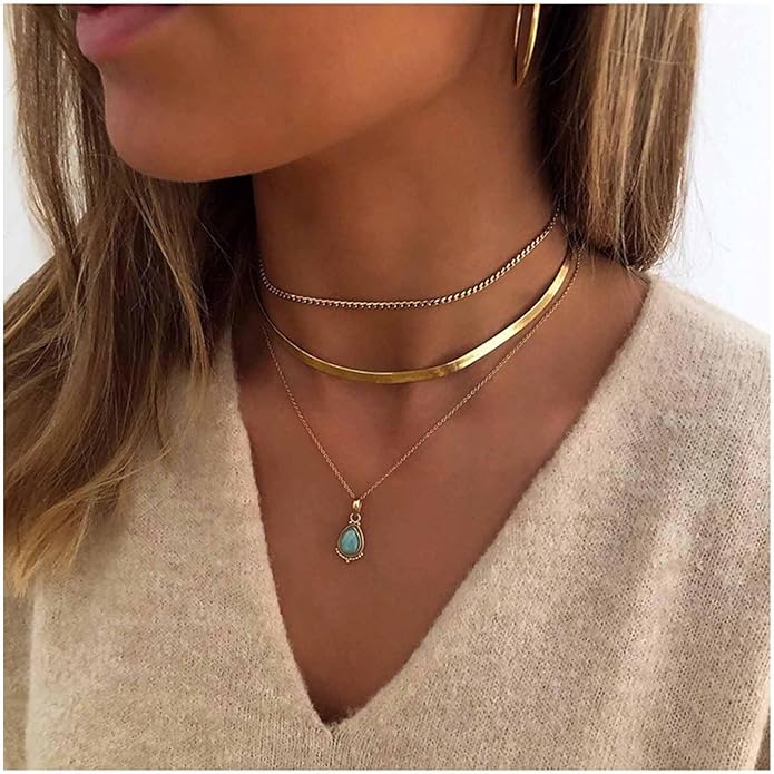 Vintage Layered Turquoise Necklace Turquoise Pendant Necklace Blue Stone Bead Choker Necklace Gold Snake Herringbone Chain Necklace Jewelry for Women-VivaGrace Women