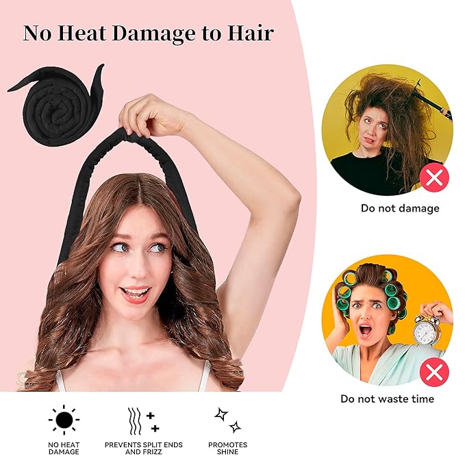 Heatless Curling Rod Headband, Upgraded 60" Extra Long Soft Hair Curlers to Sleep In, No Heat Curls for Girls Long Hair Medium Hair (Black)