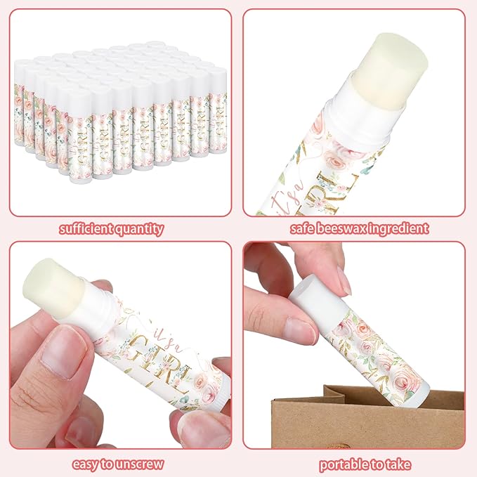 50 Pack Floral Baby Shower Lip Balm Party Supplies Bulk for Girls Guests It's a Girl Baby Shower Gifts Gender Reveal Favors Prizes Souvenirs Winners Thank You Appreciation Gifts-VivaGrace Women