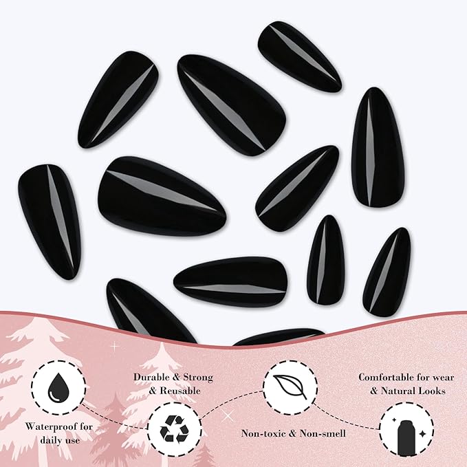 LoveOurHome 240pc Almond Press on Nails Medium Black Fake Nail Tips Full Cover Glue Almond Acrylic Nails Press ons Nail Short Stiletto False Artificial Fingernail & Glue Adhesive Tabs for Women Girls
