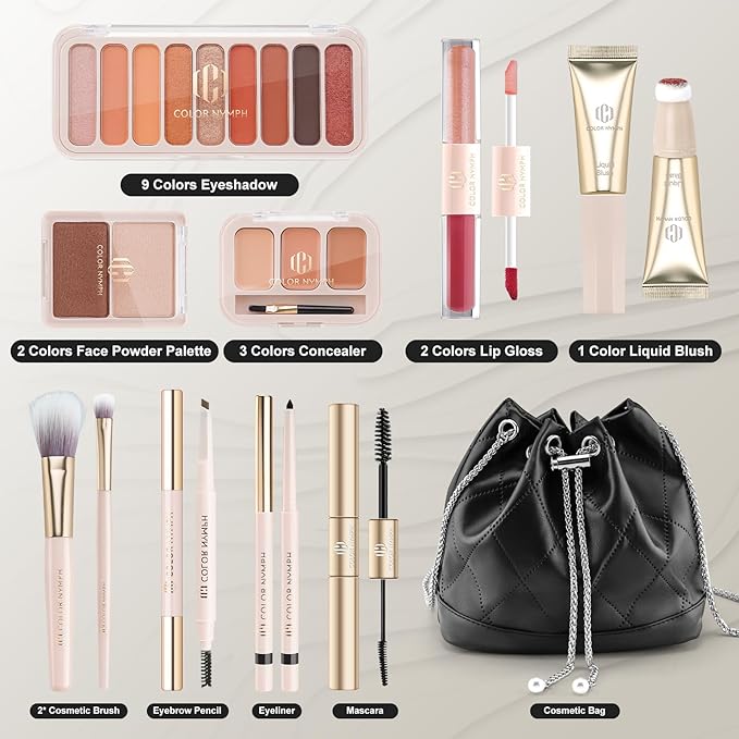 Color Nymph Girls Makeup Kit for Teens Girls with Cosmetic Bag, Full Face Makeup Kit For Women included 9 Color Eyeshadow Palette Concealer Liquid Blush Eyeliner Lipgloss-VivaGrace Women