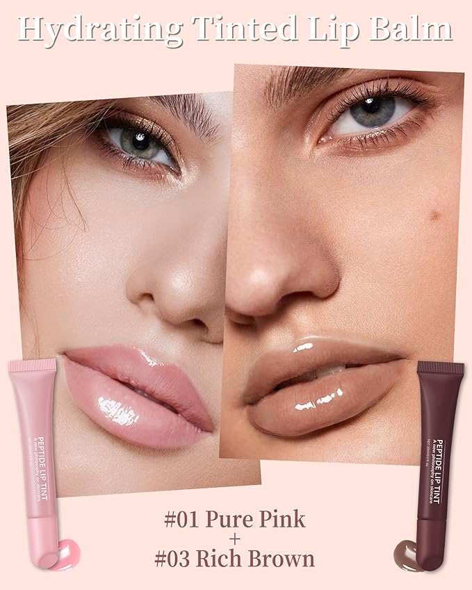 Tinted Lip Balm-2Pcs Pink Brown Peptide Hydrating Lip Tint Moisturizer,Jelly Glossier Lip Treatment Balm,Non-Stick Glow Reviver Lip Care Oil,Yummy Glowy Lip Gloss,Thanksgiving Makeup for Women-01+03-VivaGrace Women
