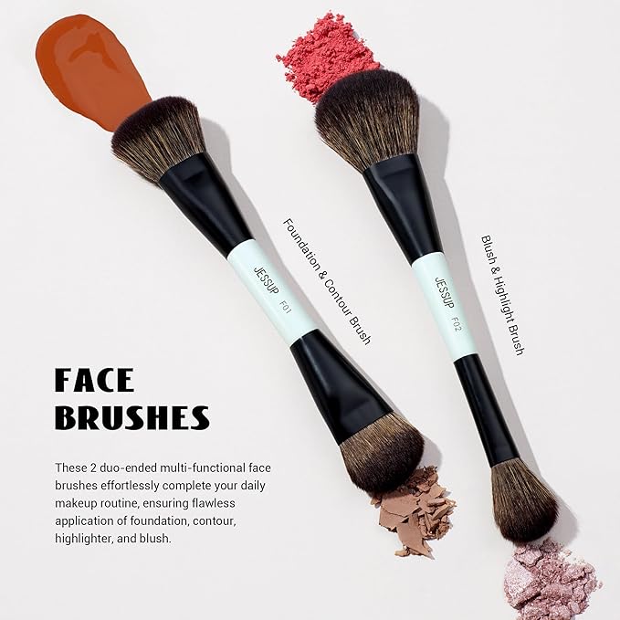 Jessup Makeup Brush Set 6pcs Double Sided Makeup Brushes Foundation Contour Blush Highlight Blending Eyebrow Brush Eyeshadow Brush, Vegan Fiber Make up Brush Bright Cyan T501-VivaGrace Women