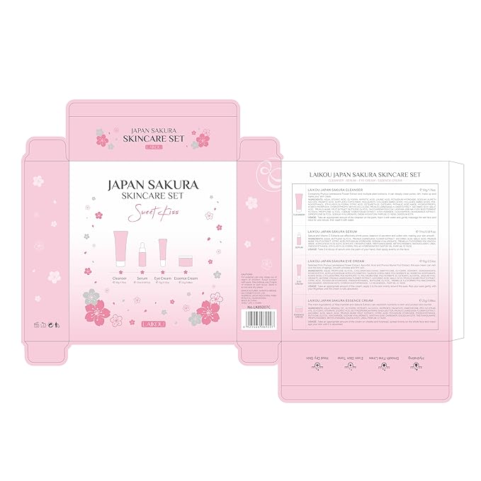Skin Care Set JAPAN SAKURA Beauty Gift Sets Skin Care Kit with Cleanser, Serum, Eye Cream, Face Cream Travel Kit for Women Mom Wife Teen Girls Gentle Skin Cleaning TSA-friendly Sizes 4pcs-VivaGrace Women