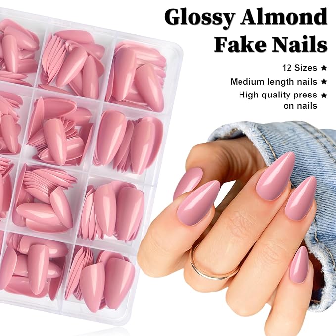 LoveOurHome 240pc Almond Press on Nails Medium Fake Nail Tips Colored Acrylic Nails Press ons Nail Almond Pink Glue Nail Short Stiltto Artificial Fingernail & Glue Adhesive Tabs for Women Girls Kids