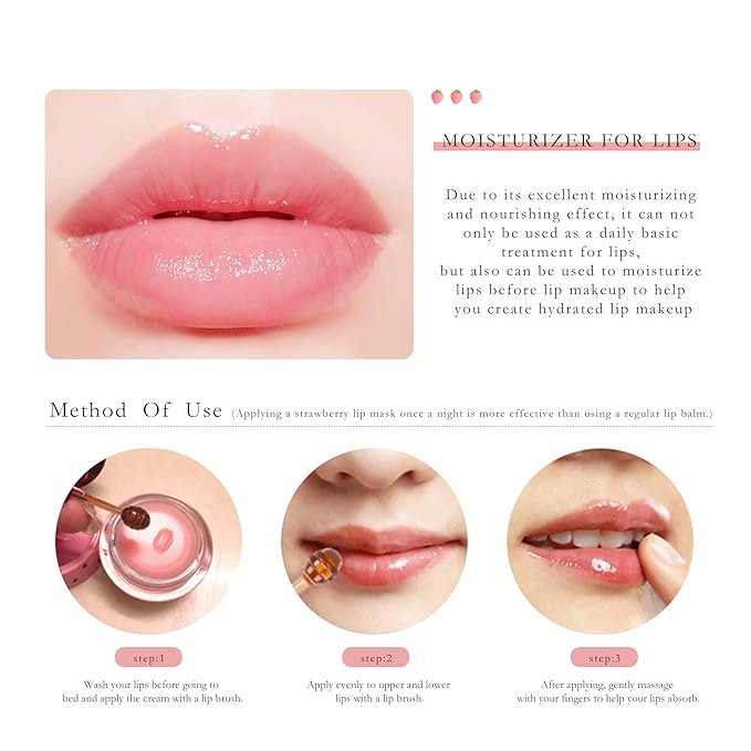 2PCs Strawberry Lip Sleeping Mask,Bee Lip Balm Honey Pot, Bee Lip Honey Pot with Wand Nourishes Lips, Overnight Strawberry Propolis Honey Balm Lip Mask for Lip Care Moisturize Lip Skin-VivaGrace Women