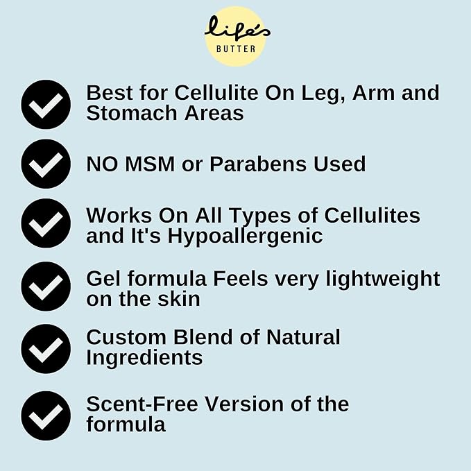Life's Butter Anti-Cellulite Cream with L-Carnitine, Coenzyme Q10 | Skin Smoothening Natural Product | Fights Cellulite and Stretch Marks | 6 fl oz (Scent-Free) + Dry Brush-VivaGrace Women