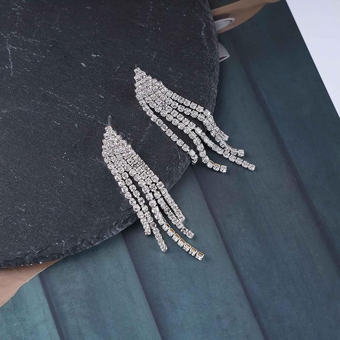 Vintage Rhinestone Chandelier Tassel Earrings Crystal Chain Drop Earrings Gold Long Tennis Chain Earrings Shine Chandelier Bridal Earrings Jewelry for Women-VivaGrace Women