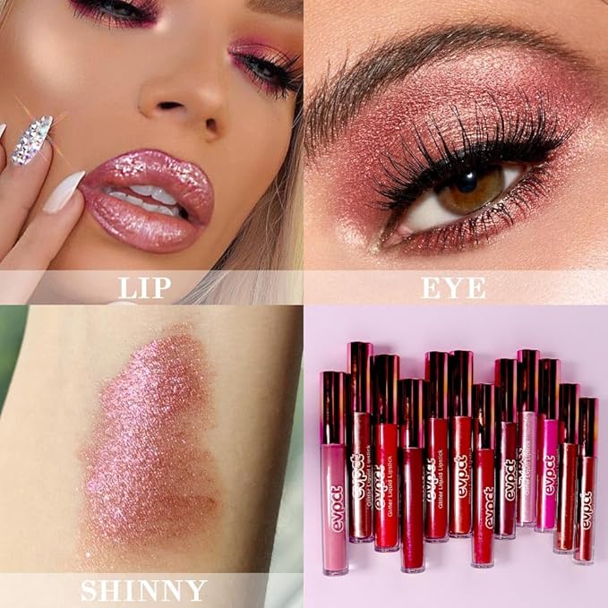 evpct 2Pcs Mauve Red & Bronze Gold Matte to Glitter Liquid Lipstick Long Lasting Lip Set Kit for Women Diamond Shiny Glitter Sparkly Glossy Metallic Shimmer Sparkle Waterproof Lipstick Lip Gloss 02+05-VivaGrace Women