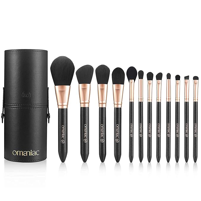 OMANIAC Makeup Brush Set Professional, 12 Pearlescent Wood Handle Makeup Brushes, Premium Cruelty-Free Synthetic Fiber Hair, Travel Make up Brushes Set with Case (Black).-VivaGrace Women