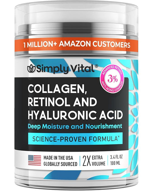 SimplyVital Collagen, Retinol & Hyaluronic Acid Cream - Anti-Aging Retinol Cream for Face, Neck & Décolleté - Made in USA - Daily Moisturizer Face Cream - 3.38 fl oz-VivaGrace Women