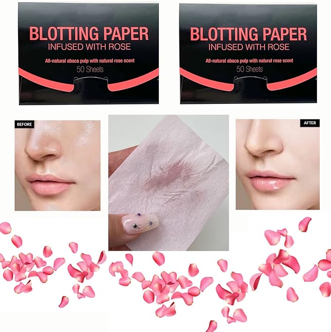 2 Pks ROSE INFUSED Natural Abaca Blotting Paper - 100 Oil Blotting Sheets - Makeup Friendly UNISEX All Skin Types Oily Skin Shine Blotter Photography Zoom Meetings Travel Gym School - MADE IN TAIWAN-VivaGrace Women