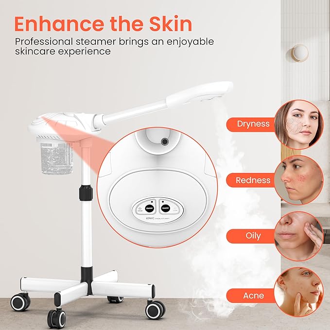 TASALON Professional Facial Steamer with Ozone, Vapor ozono Facial Steamer Professional for Clean Skin, Firm Pores, Esthetician Steamer for Home or Salon Use, Adjustable Height and Angle,White-VivaGrace Women