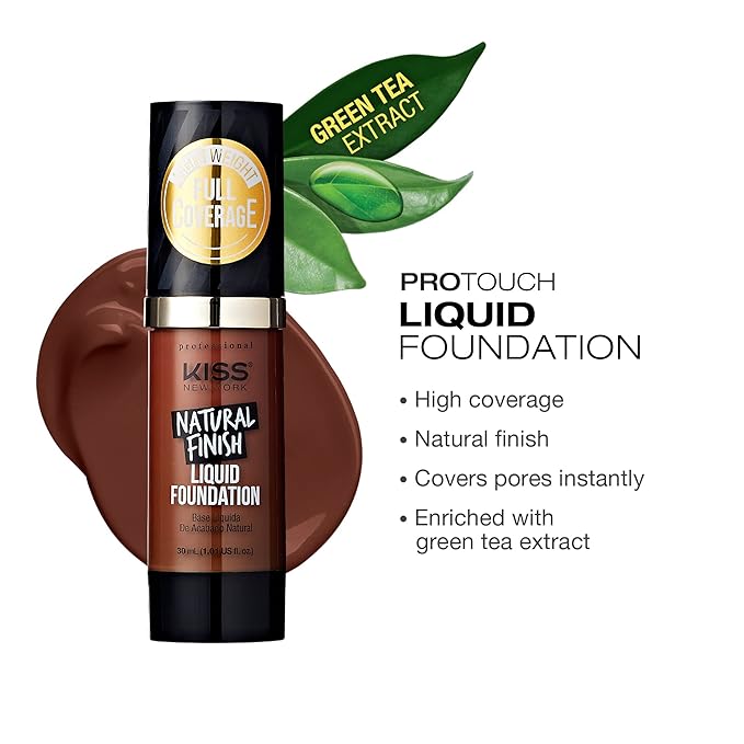 Kiss New York Professional Liquid Foundation - Lightweight and Hydrating Formula, Natural Finish, Control Shine, Cover Pores, Medium to Full Coverage, Green Tea Extract (Chestnut)-VivaGrace Women