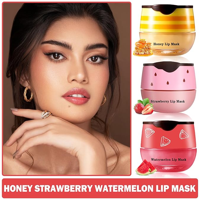3PCS Bee Lip Balm Honey Pot Honey Strawberry Watermelon Lip Balm Sleeping Lip Mask Silky Hydrating Bee Lip Balm Honey Lip Mask Overnight Lip Care Products(Honey+Strawberry+Watermelon)-VivaGrace Women