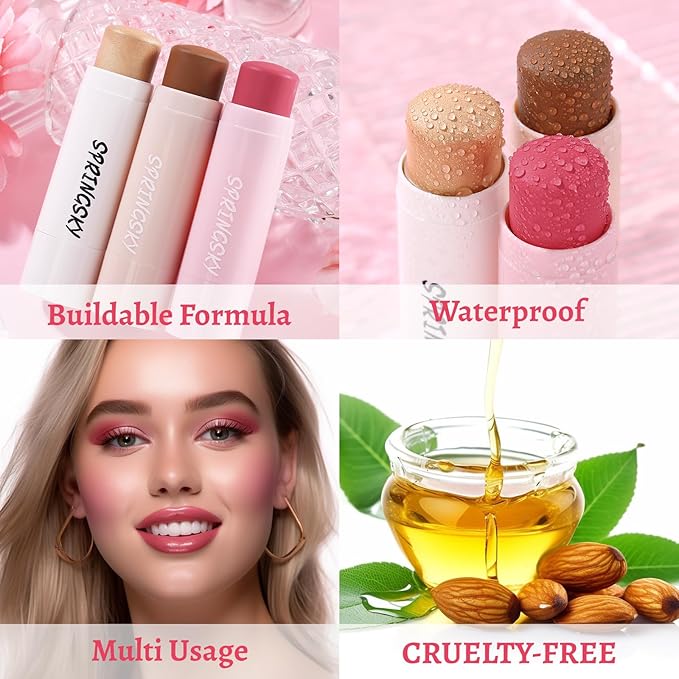 3Pcs Multi-Use Face Makeup Sticks Sets, Blendable Cream Blush Stick For Cheeks Lips, Highlighter Contour Shading Sticks Moisturizer Make Up Sets For Women (01)-VivaGrace Women