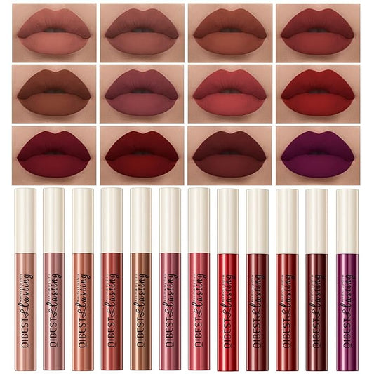 12Pcs Makeup Matte Lipstick Lip Kit, Classic Nudes & Bold Reds Lipstick Set, Non-Stick Cup Not Fade Liquid Lipstick Waterproof Long Lasting Durable Nude Lip Gloss, labiales mate 24 horas originale-VivaGrace Women