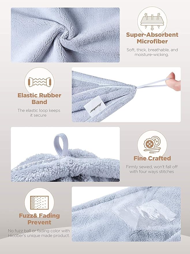Hicober Microfiber Hair Towel, 3 Packs Hair Turbans for Wet Hair, Drying Hair Wrap Towels for Curly Hair Women Anti Frizz (Blue,Grey,Pink)-VivaGrace Women