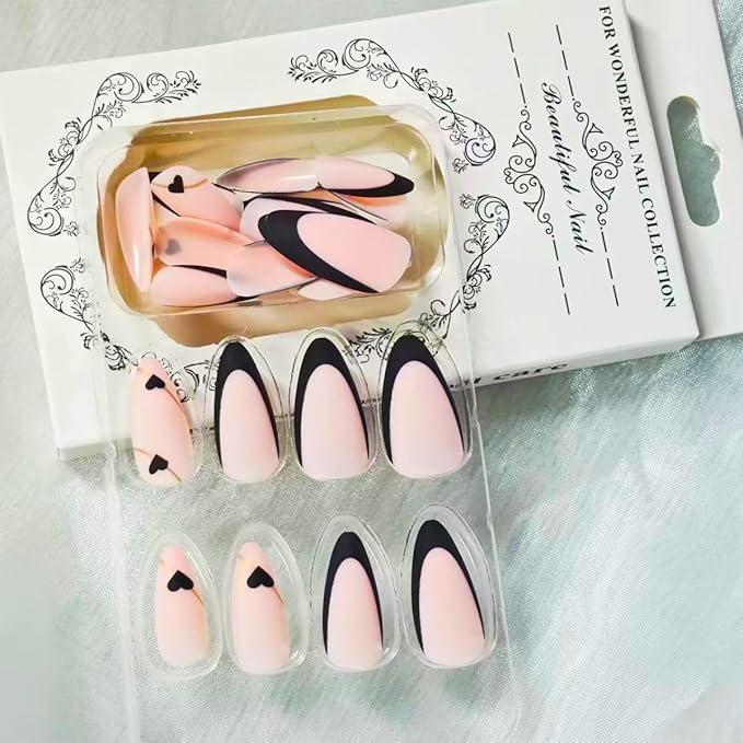 Black French Tip Press on Nails Medium Almond Fake Nails with Black Heart Design Gold Line Stick on Nails Glossy Acrylic Full Cover Glue on Nails Stiletto False Nail For Women Mother's Day Manicure