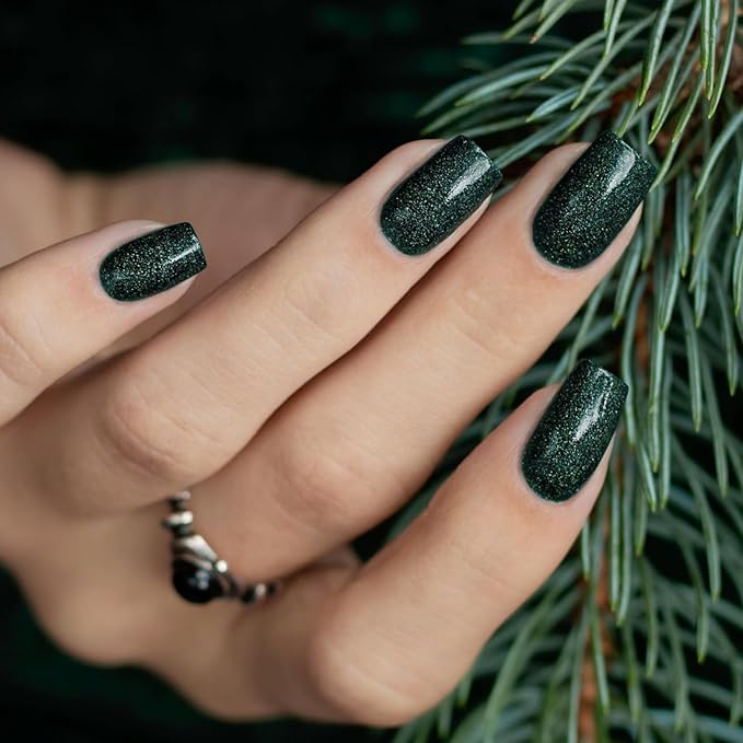 Dark Green Glitter Press on Nails Short Medium Nails Glue On,KQueenest Iridescent Shimmer Acrylic Fake Nails Sparkling Gel Nails Press ons,Stick on Nails Coffin False Nails with Designs