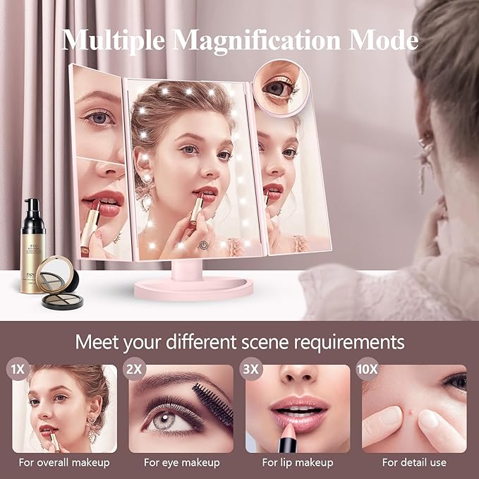 HUONUL Makeup Mirror Vanity with Lights, 2X 3X 10X Magnification, Lighted Mirror, Touch Control, Trifold Dual Power Supply, Portable LED Women Gift (Pink)-VivaGrace Women