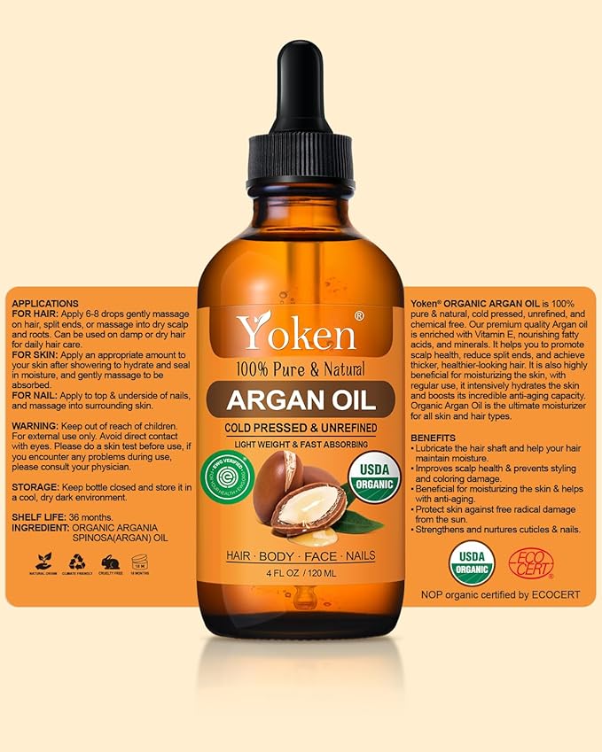 Yoken Organic Argan Oil for Hair 4 Fl Oz, USDA Pure and Natural Morocco Argan Oil, Argon Oil For Hair, Scalp, Face & Skin Care, 100% Cold Pressed Hair Conditioner, Unrefined Argon Nails Carrier Oil-VivaGrace Women