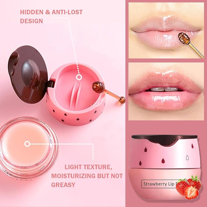 4 PCS Bee Lip Balm Honey Pot,Strawberry&Watermelon&Honey&Apple Lime Lip Mask Overnight Hydrating Prevention Dry and Cracked Lip Scrubs Exfoliator Lip Care, Lip Sleeping Mask Reduces Lip Lines-VivaGrace Women