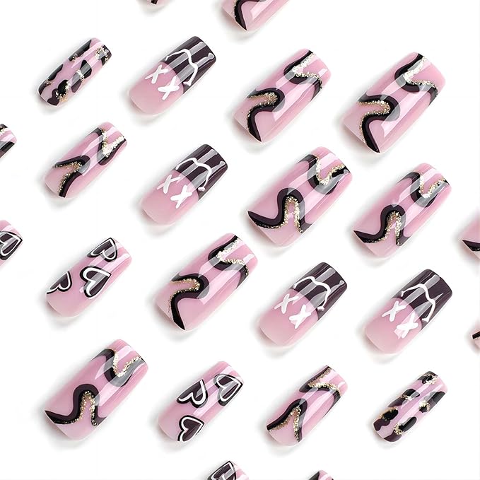 Square Press on Nails Medium Length Fake Nails with Glue Purple Acrylic False Nails with Brown Striped Love Heart Designs Glossy Gold Glitter Artificial Nails Fall Winter Stick on Nails 24Pcs