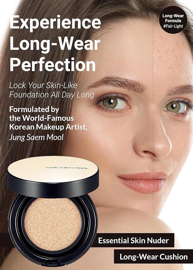 JUNG SAEM MOOL Essential Skin Nuder Longwear Cushion 0.98 Fl Oz (Fair Light), Refill Included, 24H Lasting Cushion Foundation with High Coverage, Semi-Matte Natural Finish, Korean Foundation Makeup-VivaGrace Women