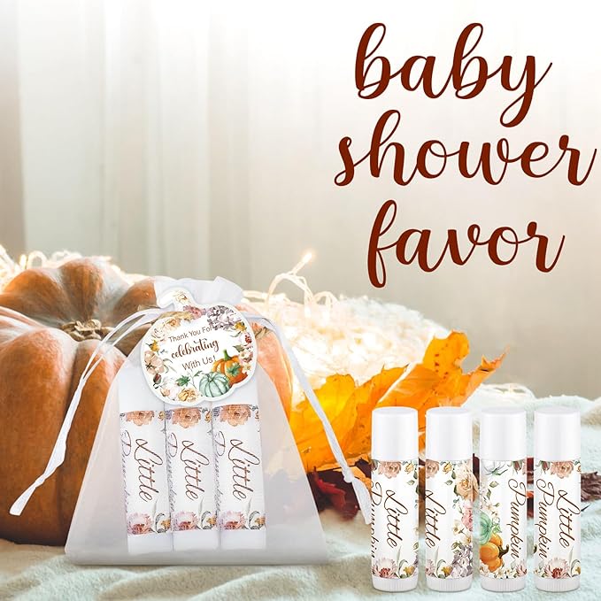 Demissle 50 Pcs Baby Shower Lip Balm Gift Set with 100 Pcs Organza Bags Baby Shower Party Favor for Guest Thank You Tag Rope Baby Shower Party Decoration Gender Reveal Souvenirs (Pumpkin and Flowers)-VivaGrace Women