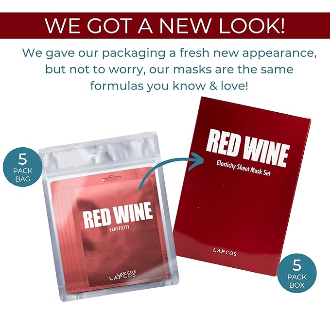LAPCOS Red Wine Sheet Mask, Daily Face Mask to Restore and Soften Skin, Korean Beauty Favorite, 5-Pack-VivaGrace Women