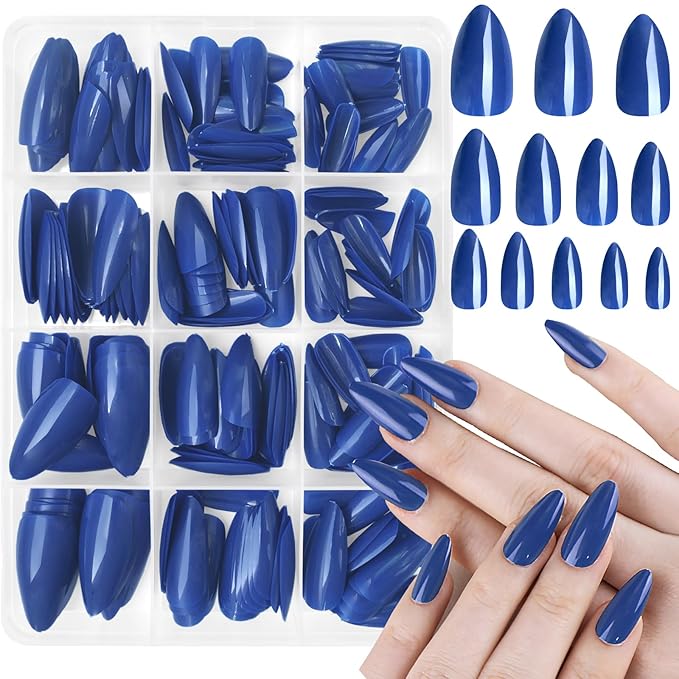 LoveOurHome 240pc Almond Press on Nails Medium Length Blue Fake Nail Tips Full Cover Artificial Fingernail French Short Stiletto Glue Nail Press ons with Adhesive Tabs for Women Girls
