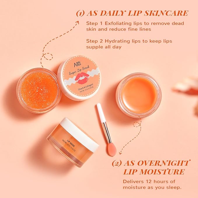 ANAI RUI Lip Balm Mask & Lip Scrub Set, Lip Care Kit, Overnight Lip Treatment with Lip Sleeping Mask & Sugar Lip Exfoliator Scrub, Lip Moisturizer for Dry, Chapped, Dark Lips, Reduce Fine Lines, Peach-VivaGrace Women