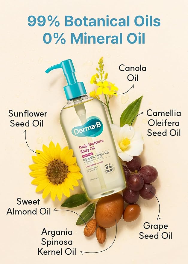 Derma B | Daily Moisture Body Oil | 99% Natural Argan & Sweet Almond Oil | Shower Oil for Dry Sensitive Skin | Light & Long-Lasting Hydration | Skin Body Care Oil with Peach Scent | 6.78 fl oz (200ml)-VivaGrace Women
