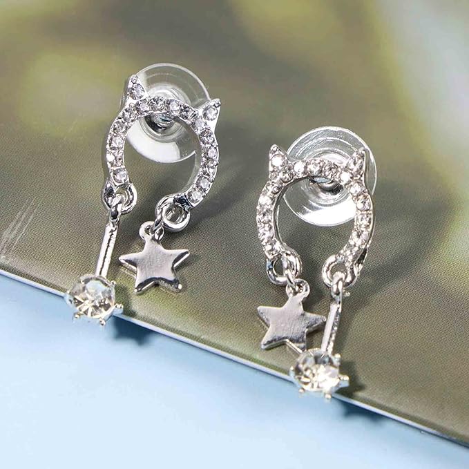 Crystal Cat Studs Earrings Silver Crystal Star Dangle Earrings Boho Rhinestone Drop Earrings Natural Inspired Animal Earrings Jewelry for Women and Girls Cat Lover Gifts-VivaGrace Women