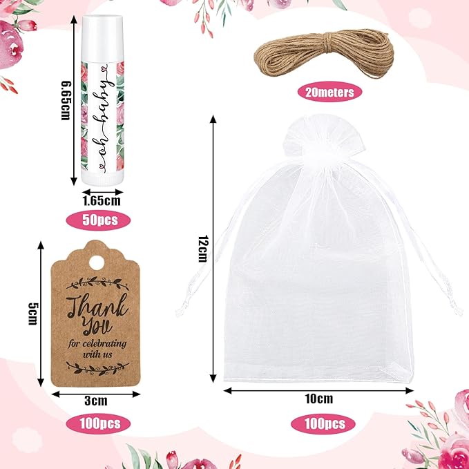 Demissle 50 Pcs Baby Shower Lip Balm Gift Set with 100 Pcs Organza Bags Baby Shower Party Favor for Guest Thank You Tag Rope Baby Shower Party Decoration Gender Reveal Souvenirs(Watercolor Flower)-VivaGrace Women