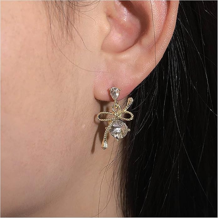 Vintage Rhinestone Bow Drop Earrings Gold Teardrop Crystal Earrings Round Cut Stud Earrings Bow Crystal Bridal Earrings Jewelry for Women-VivaGrace Women