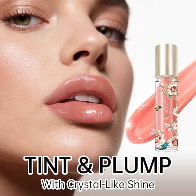 Catkin Lip Plumper Gloss, Tinted Lip Serum with Hyaluronic Acid & Jojoba Oil, Non-sticky Volumizing Hydrating Formula for a High Shine Maximum 3D Look, Plump & Soft Lips 0.12 Fl Oz - C03 Coral Pearl-VivaGrace Women