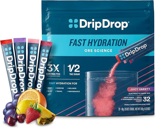 DripDrop Hydration Packets - Juicy Variety Pack - Single Serve Electrolytes Powder Drink Mix - Grape, Fruit Punch, Strawberry Lemonade, Cherry - Non-GMO, Gluten Free, Vegan - 32 Sticks-VivaGrace Women