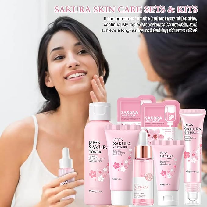 Skin Care Set Sakura Women Beauty Gift Sets Korean Skin Care Kit with Cleanser, Face Serum, Face Cream,Toner,Eye Cream,2Pcs Mud Mask - Skin Care Routine Kit for Women (SetC)-VivaGrace Women