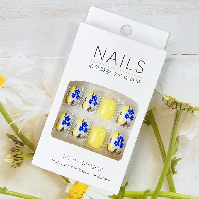 Short Square Press on Nails Blue Yellow Fake Nails Flower Lemon Designs Cute Summer Glue on Nails Glossy Full Cover Acrylic False Nails Spring Stick on Nails for Women Nail Art Decorations