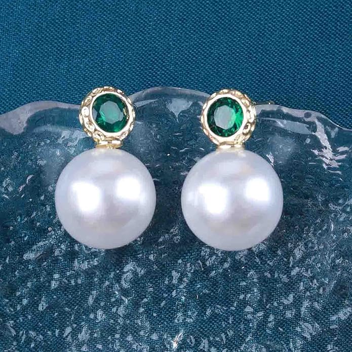 Vintage Emerald Pearl Earrings Gold Pearl Drop Earrings Green Emerald Studs Earrings Rhinestone Pearl Emerald Earrings Jewelry for Women-VivaGrace Women